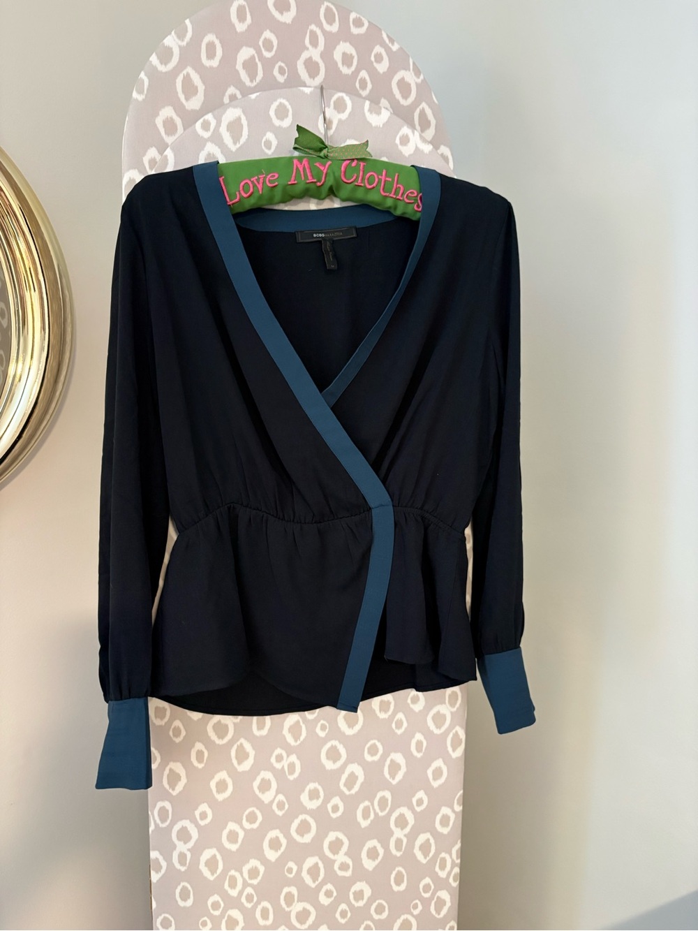 BCBGMaxAzria Black Wrap Blouse with Blue Trim